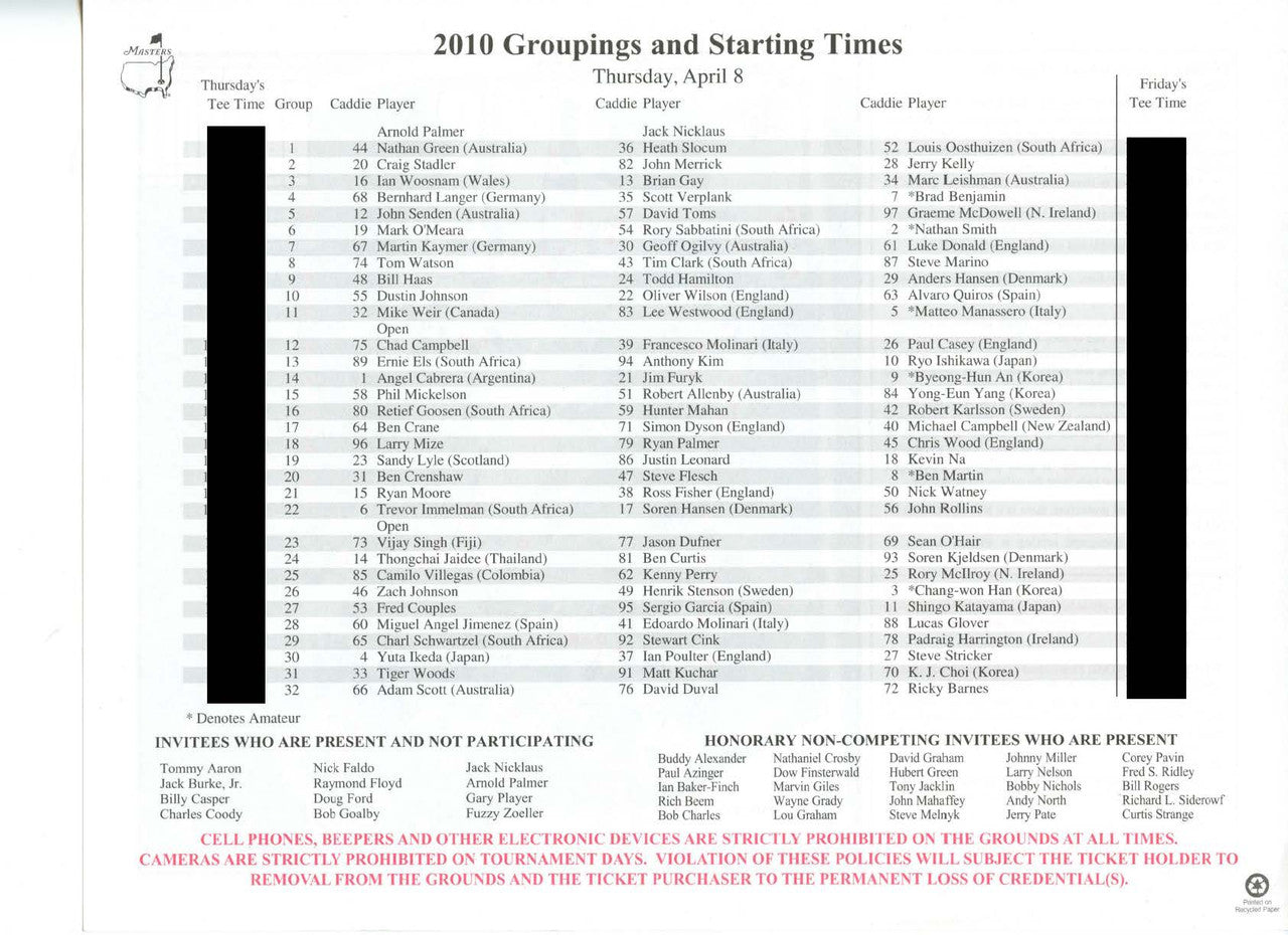 2010 Masters Tournament Thursday Pairing Sheet - Winner Phil Mickelson