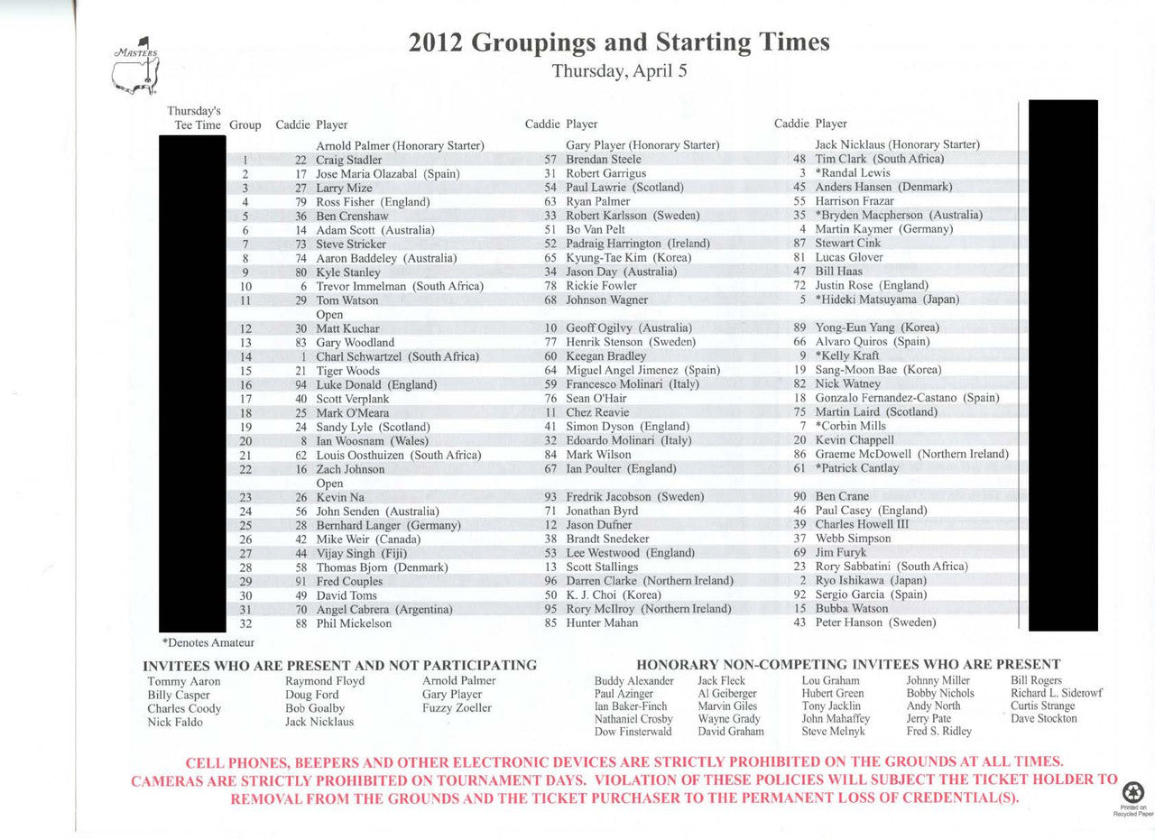 2012 Masters Tournament Thursday Pairing Sheet - Winner Bubba Watson