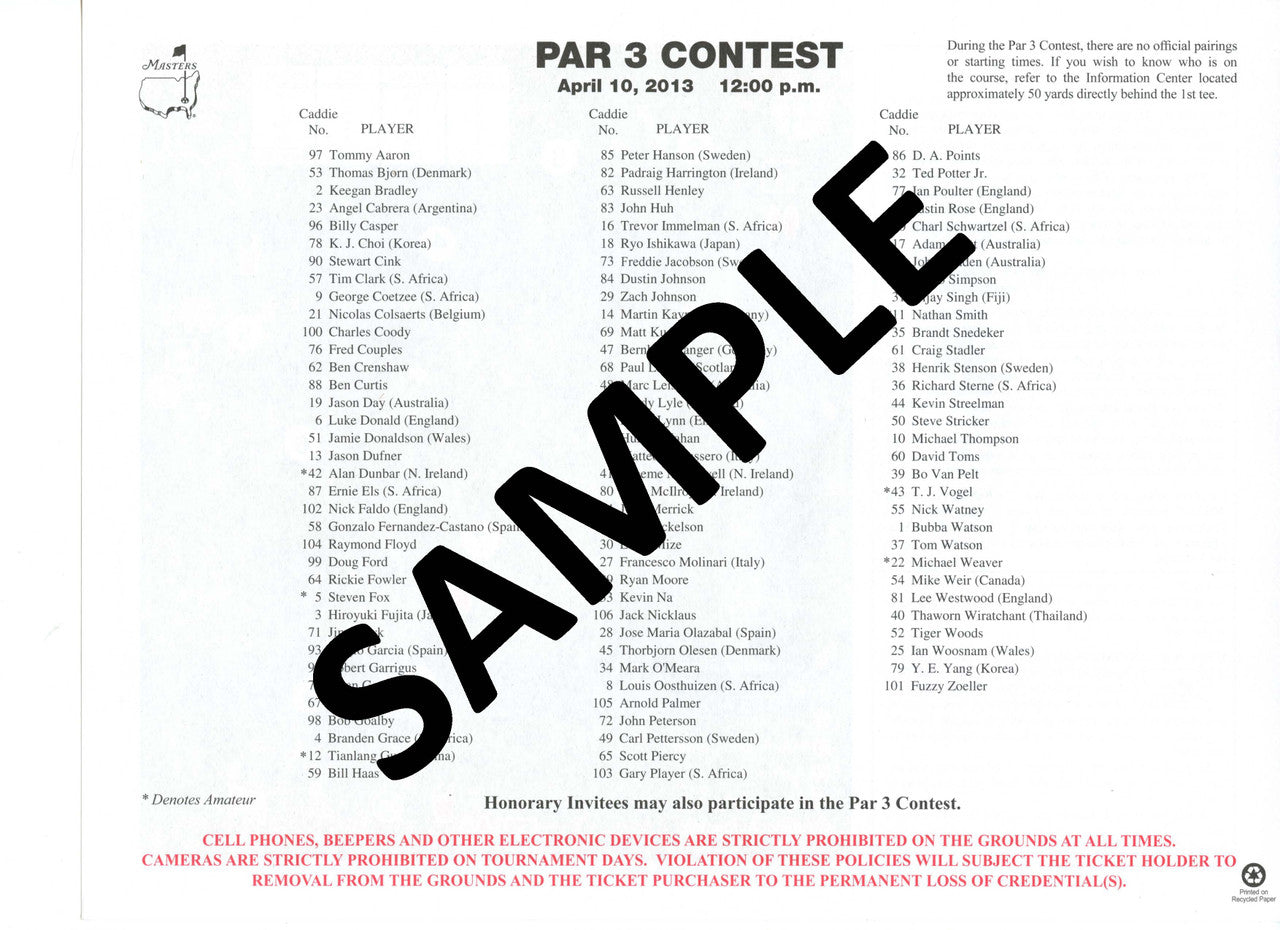 2013 Masters Tournament Par 3 Contest Pairing Sheet - Winner Adam Scott