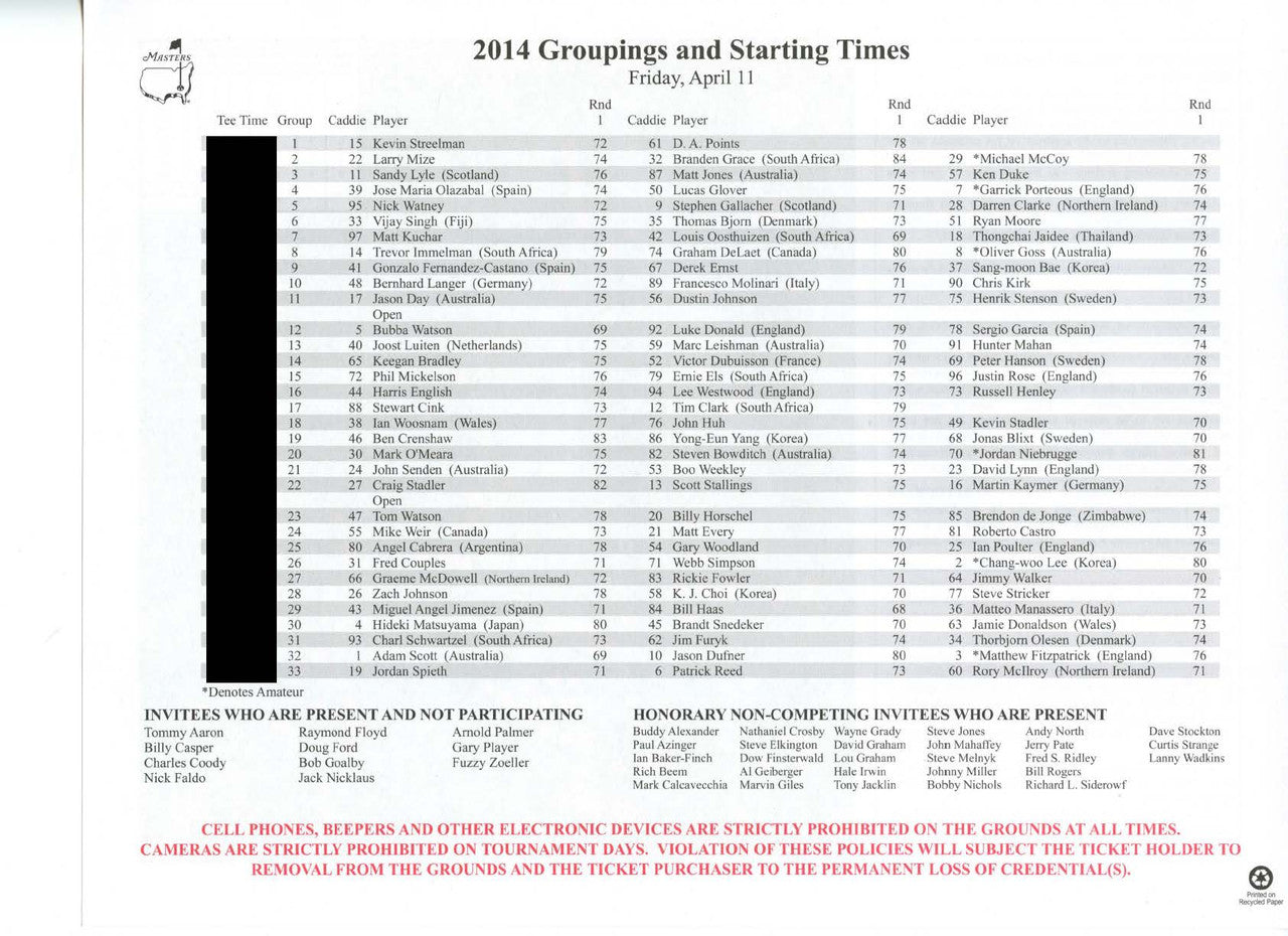 2014 Masters Tournament Friday Pairing Sheet - Winner Bubba Watson