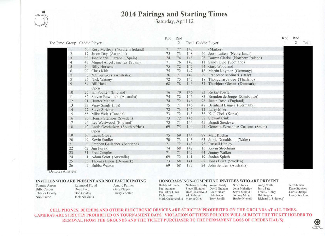 2014 Masters Tournament Saturday Pairing Sheet - Winner Bubba Watson