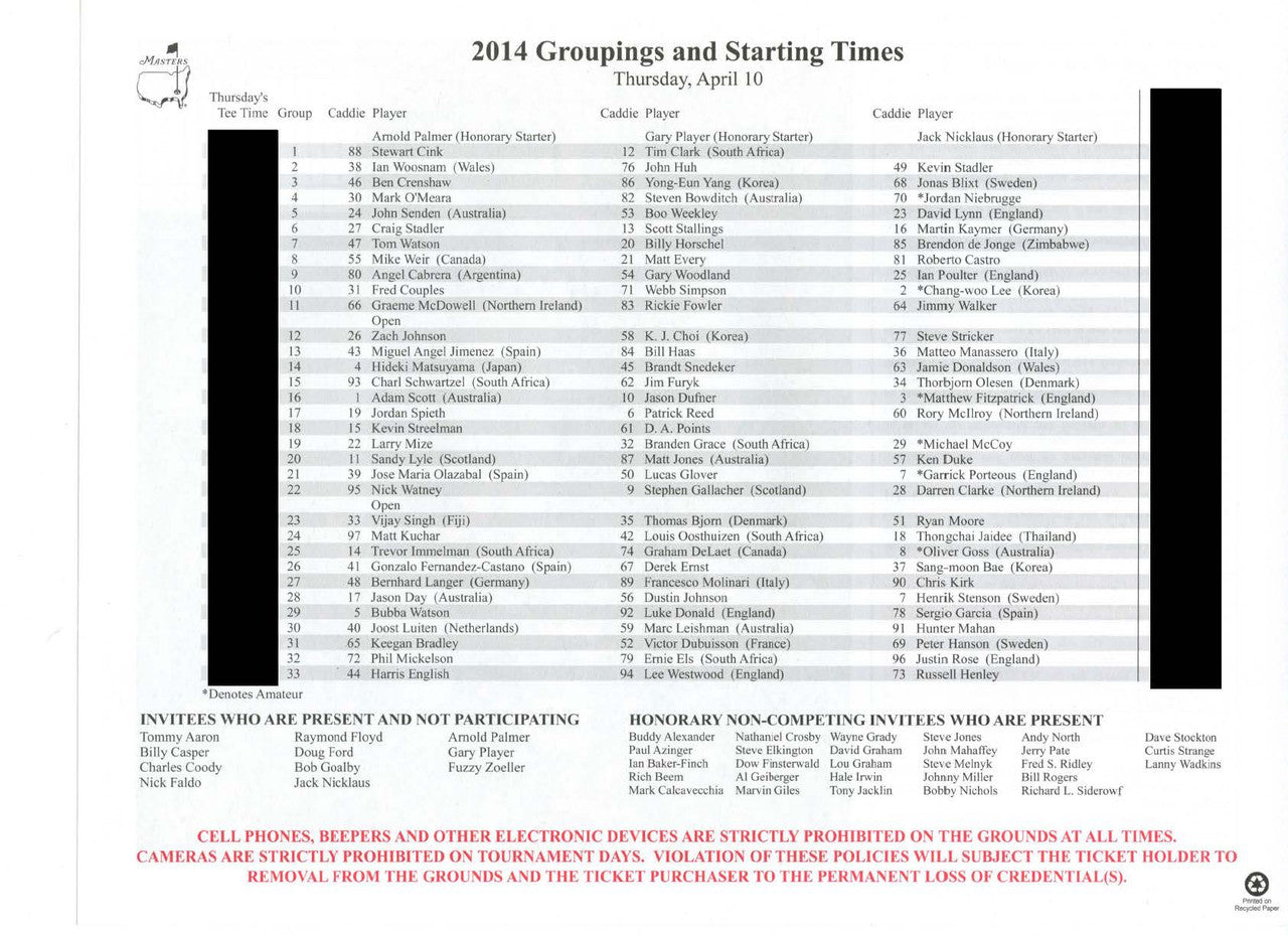 2014 Masters Tournament Thursday Pairing Sheet - Winner Bubba Watson