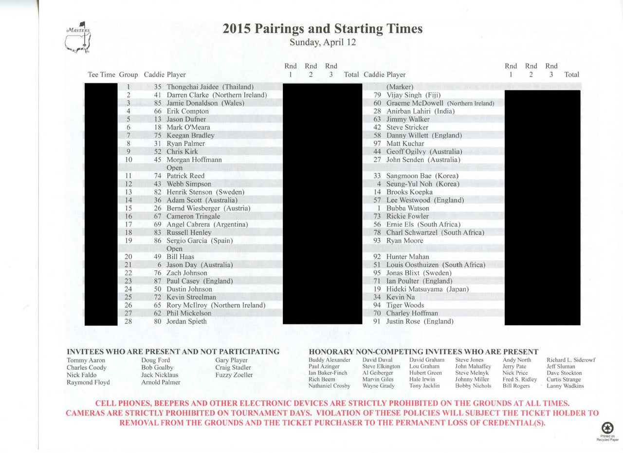 2015 Masters Tournament Sunday Pairing Sheet - Winner Jordan Spieth