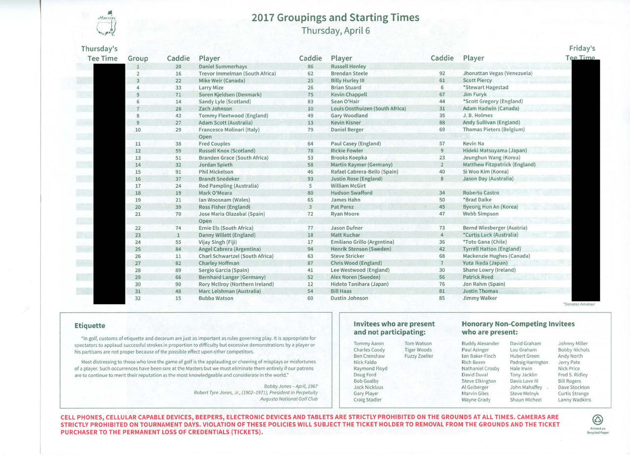 2017 Masters Tournament Thursday Pairing Sheet - Winner Sergio Garcia