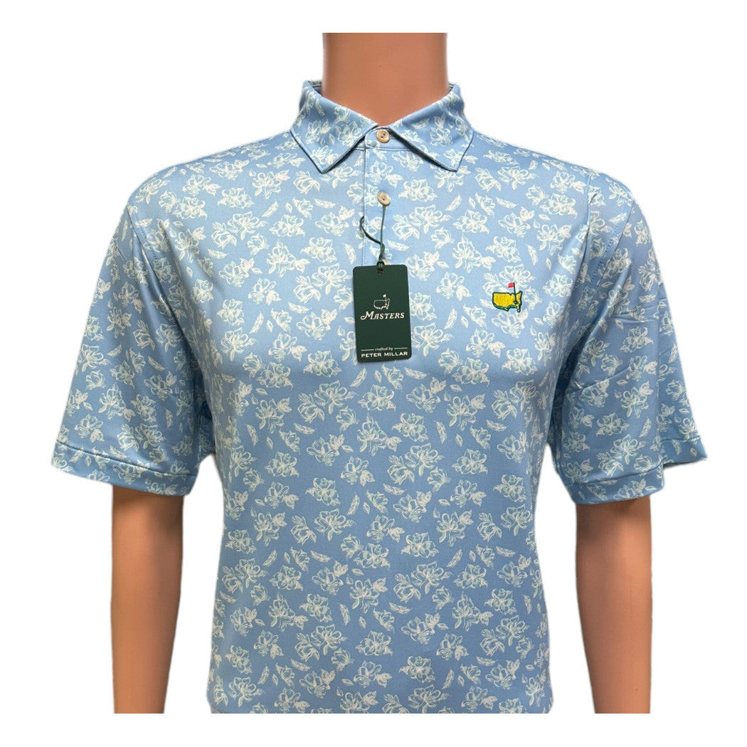 Masters Peter Millar Tech Light Blue with Magnolia Pattern Performance Golf Shirt Polo