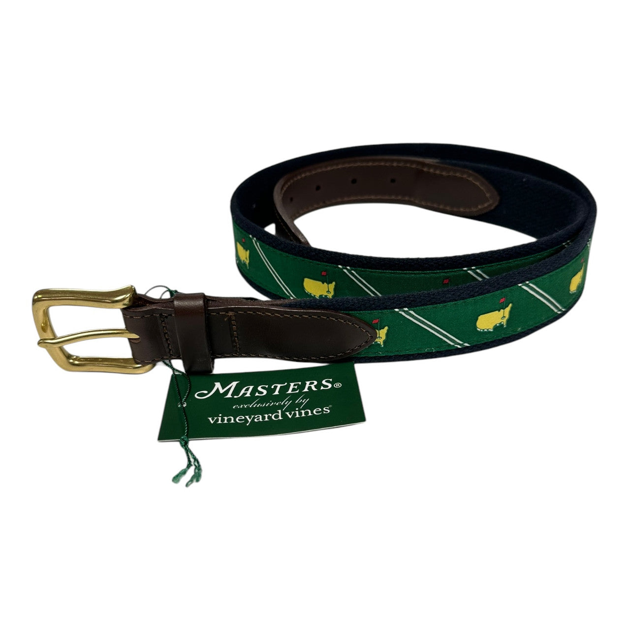 Masters Vineyard Vines Navy and Green Woven Belt with White Stripes and Brown Leather Accents