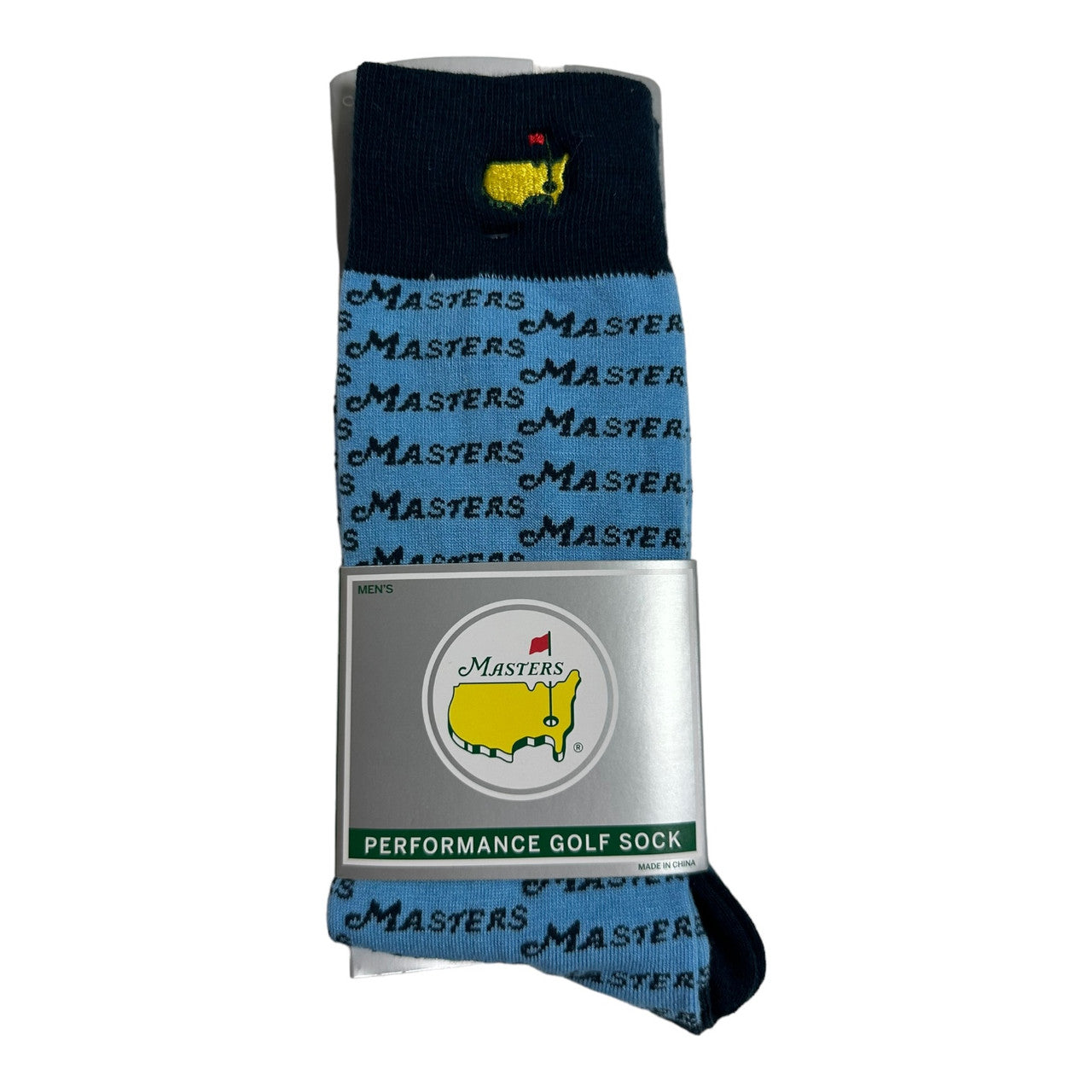 Masters FootJoy Men's Performance Lt Blue and Navy Golf Socks with Repeat MASTERS Wordmark Pattern
