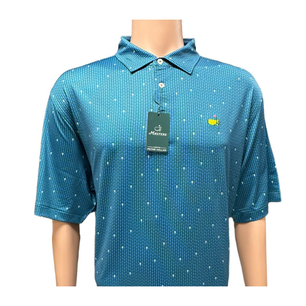 Masters Peter Millar Tech Evergreen with Blue Plastic Cups Pattern Performance Polo Golf Shirt