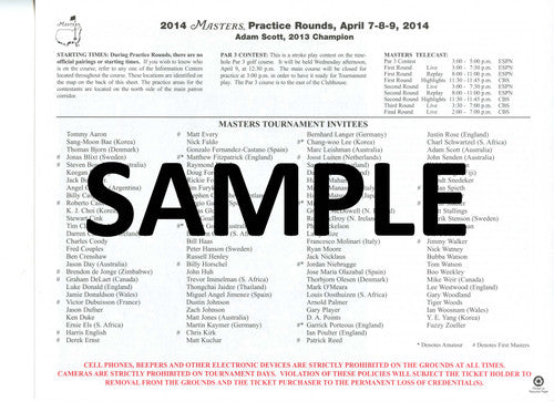 2014 Masters Tournament Practice Rounds Pairing Sheet - Winner Bubba Watson
