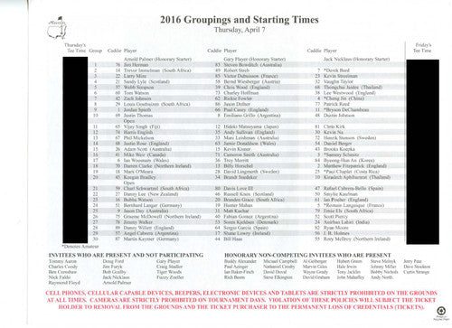 2016 Masters Tournament Thursday Pairing Sheet - Winner Danny Willett