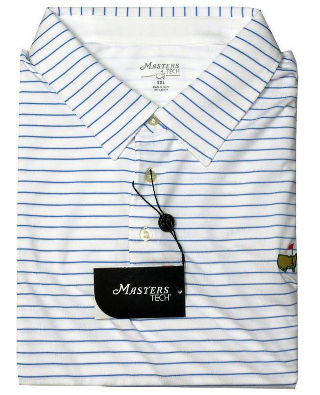 Masters White With Blue Stripes Performance Tech Golf Shirt