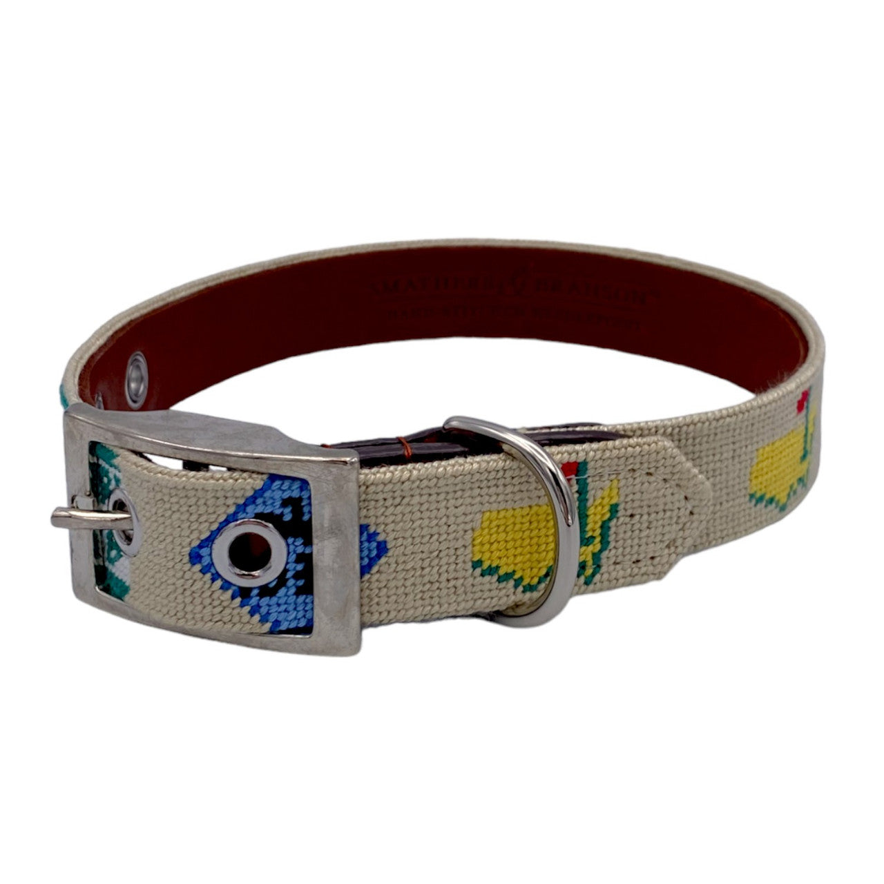 Masters Smathers & Branson Khaki Badges Needlepoint and Leather Deluxe Dog Collar