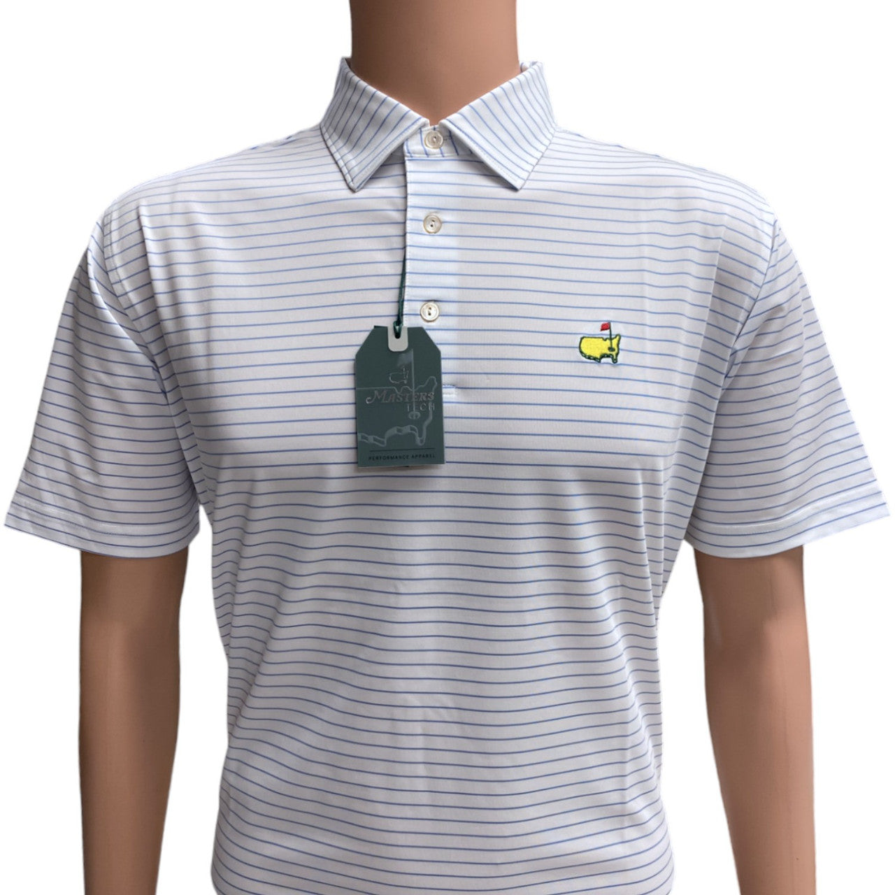 Masters Tech White Performance Golf Shirt Polo with Thin Blue Stripes