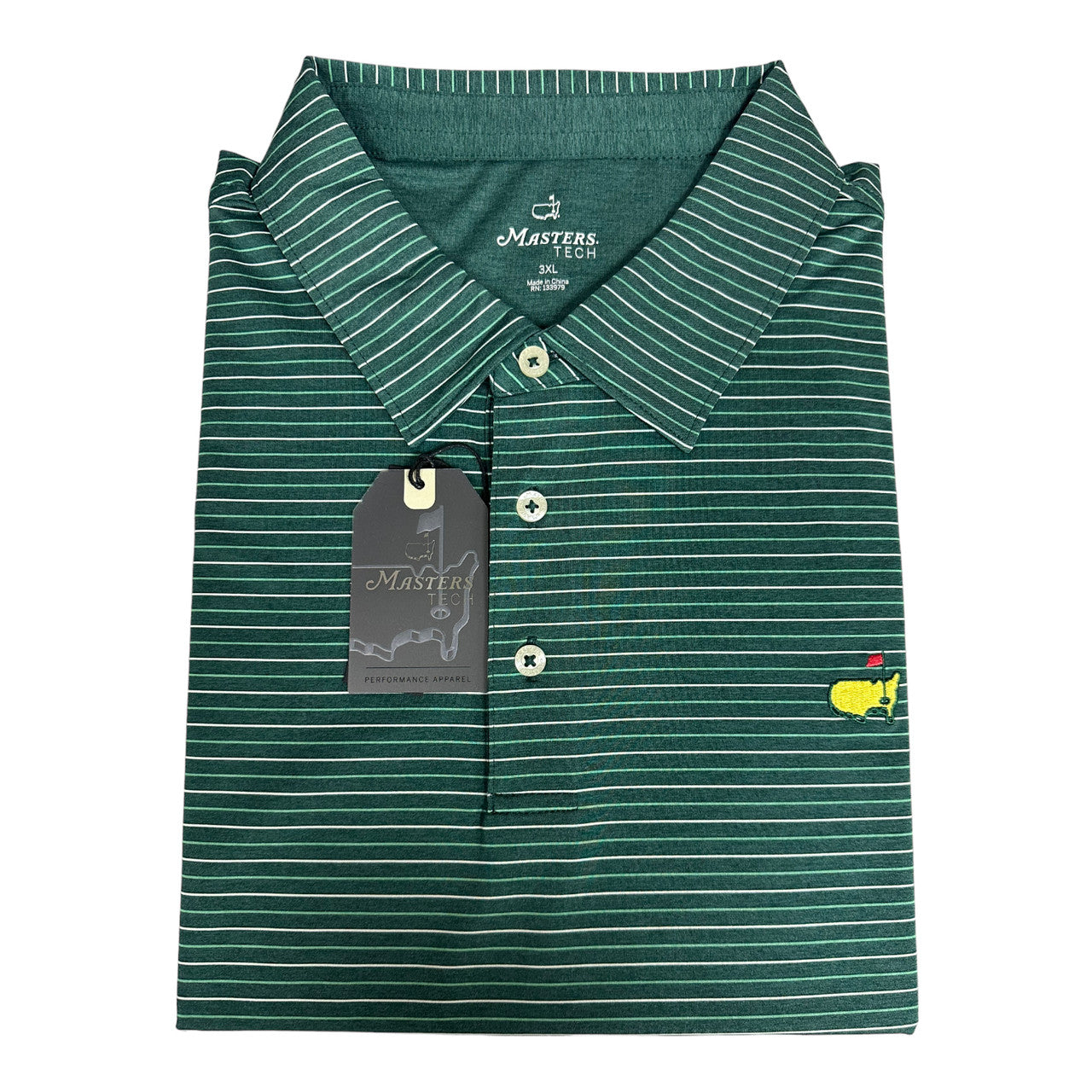 Masters Tech Green Heather Performance Polo with Lime Green and White Stripes