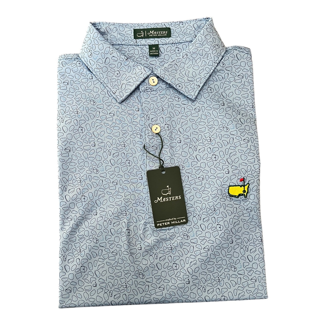 Masters Peter Millar Performance Tech Light Blue Polo with Navy Course Design