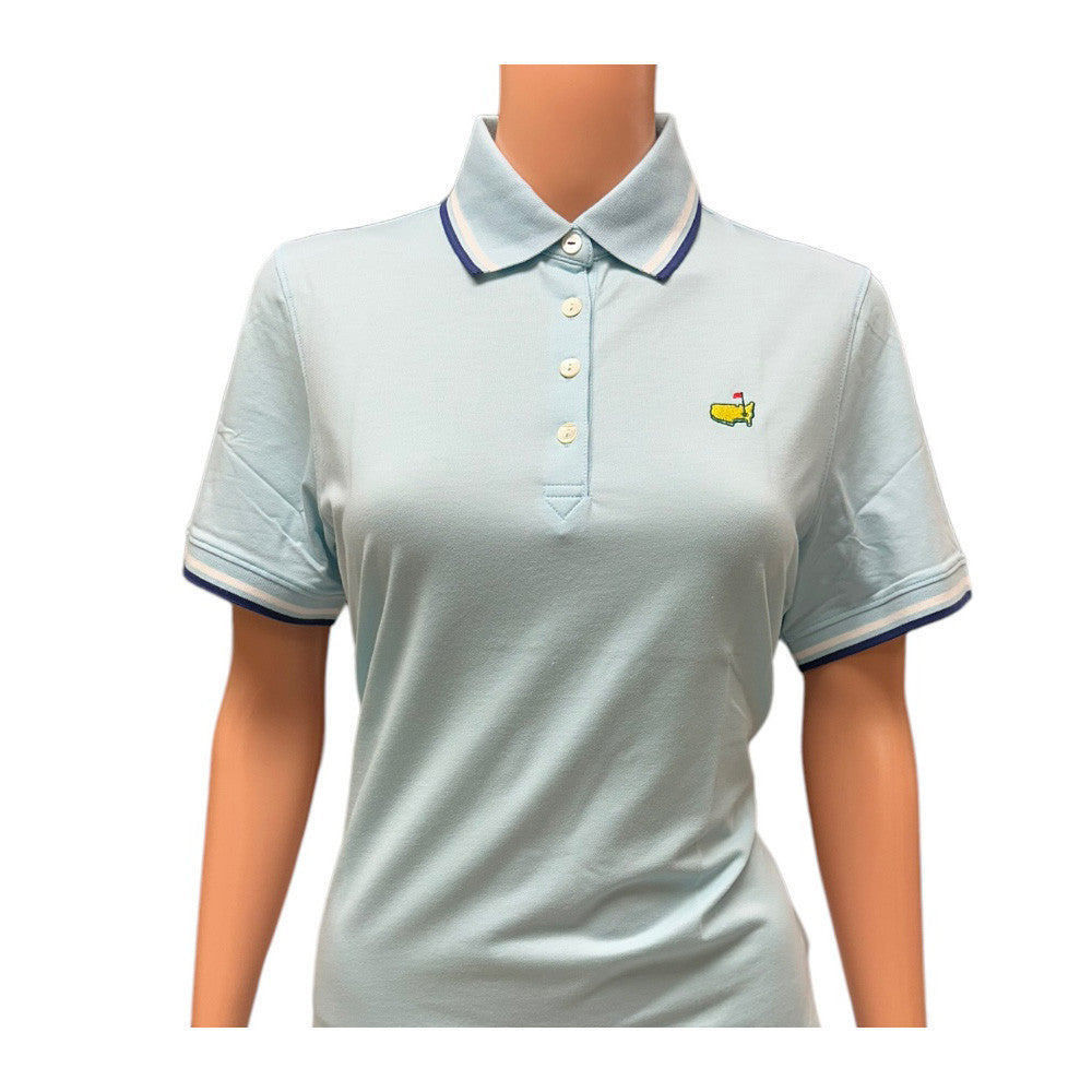 Masters Magnolia Lane Ladies Sky Blue Sport Mesh Polo Golf Shirt with Navy and White Stripe Collar and Cuffs