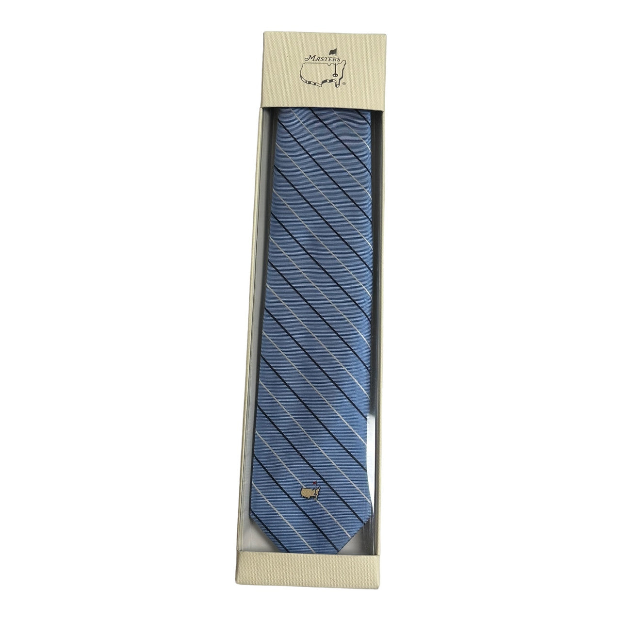 Masters Made in Italy Grosgrain Light Blue Silk Necktie with Navy and White Thin Stripes