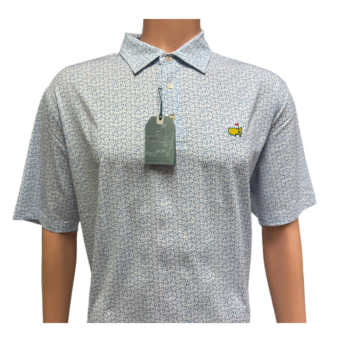 Masters Tech White Performance Golf Shirt Polo with Blue Outline Map Logo Pattern
