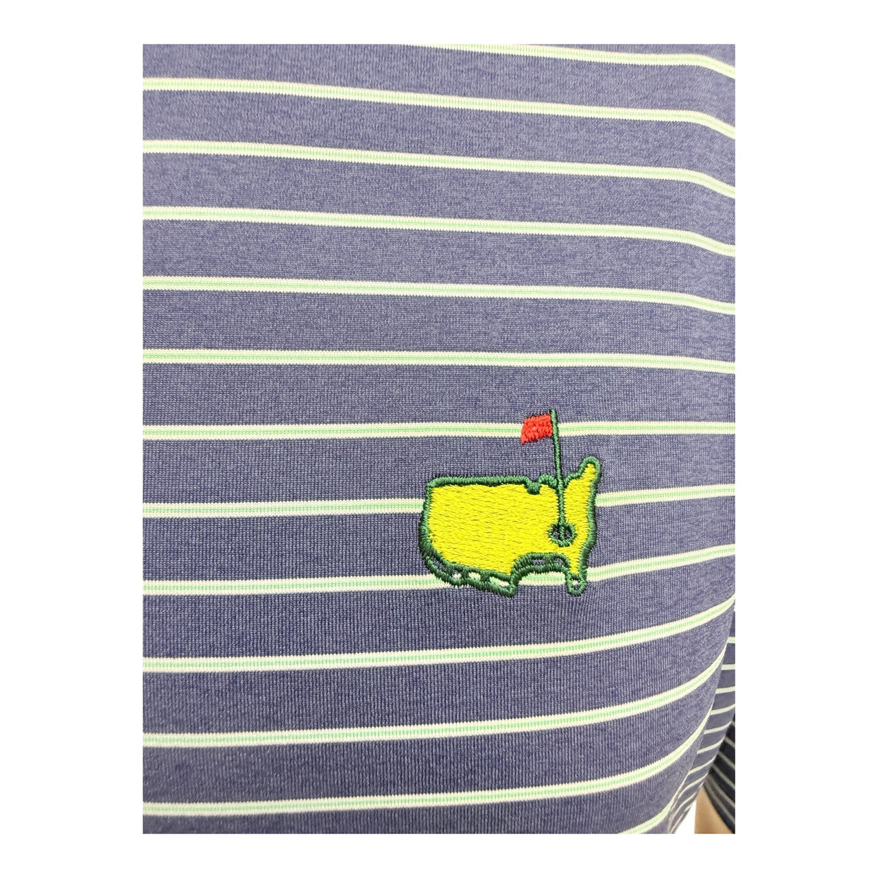 Masters Peter Millar Navy Performance Tech Polo with Lime Green and White Stripes