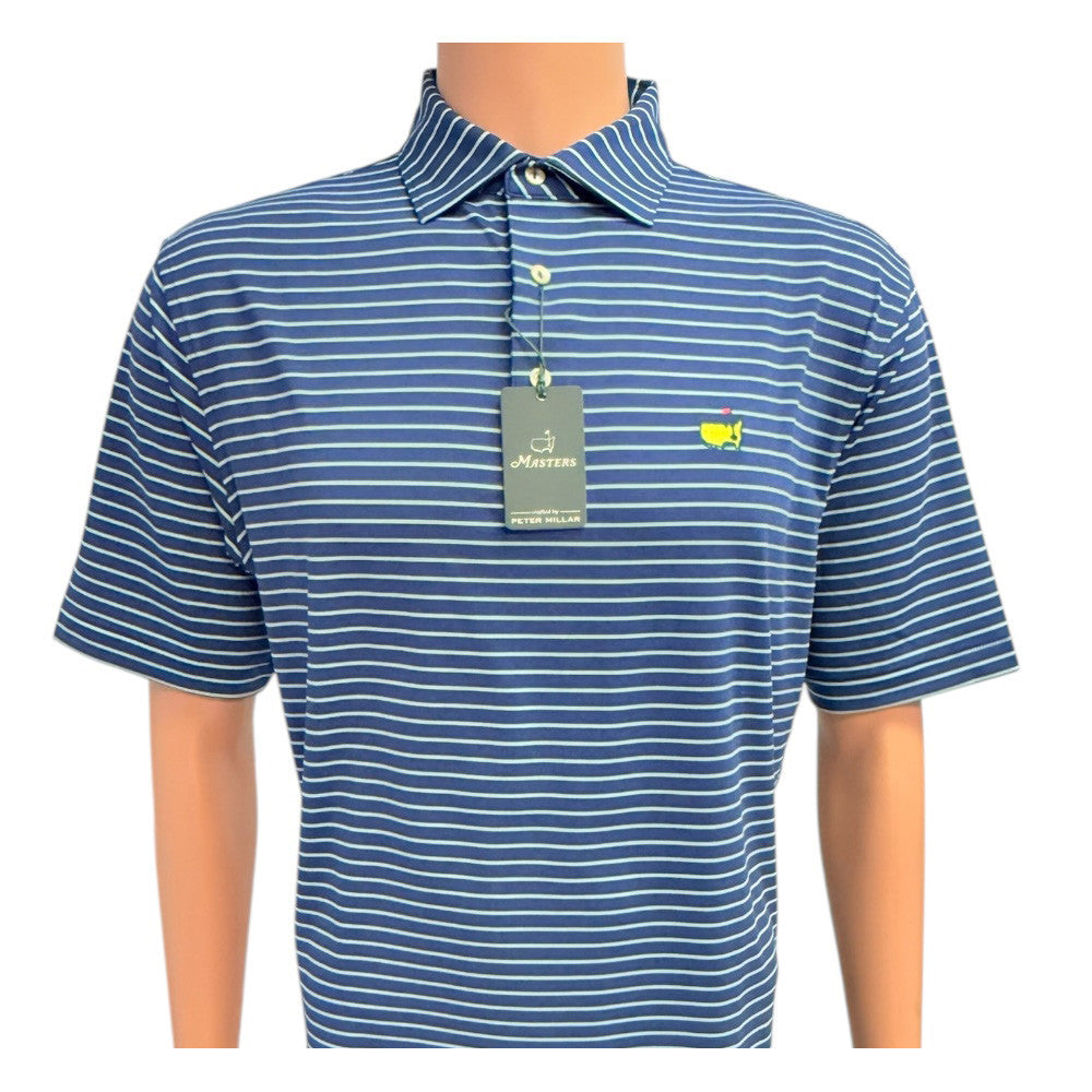 Masters Peter Millar Navy Performance Tech Polo with Lime Green and White Stripes